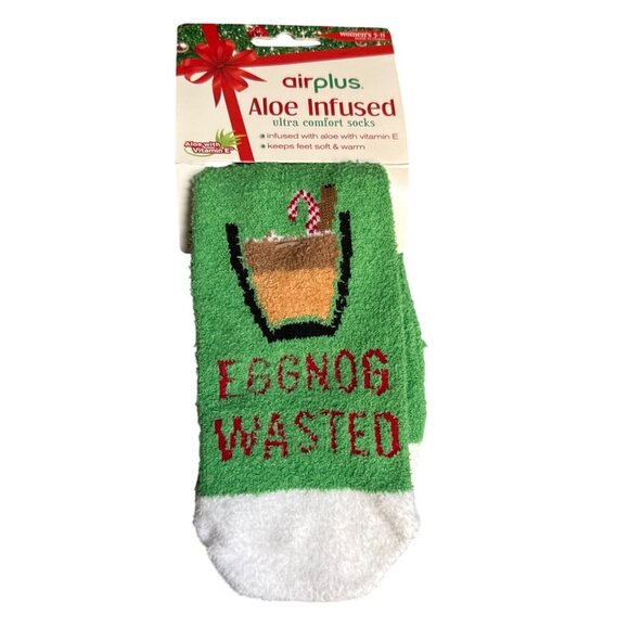Airplus Aloe Infused Ultra Comfort Socks "Eggnog Wasted" Design Green & White - Picture 1 of 4
